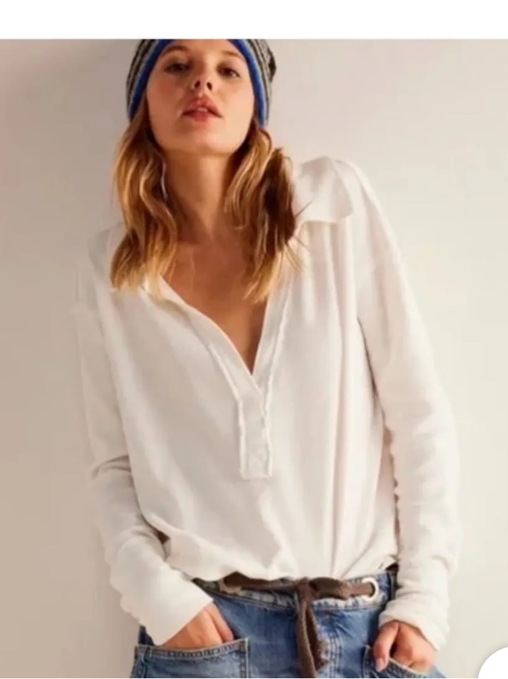 We The Free White V Neck, Collared Long Sleeve Thermal